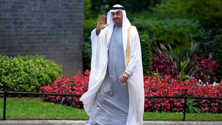 Sheikh Mohammed bin Zayed Al Nahyan arrives to see Boris Johnson at Downing Street last month. Pic: AP