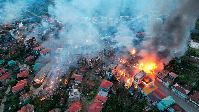 Fires were seen burning in the town of Thantlang in Myanmar&#39;s northwestern state of Chin