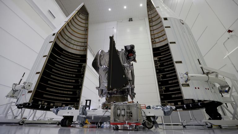 NASA&#39;s Lucy probe is shown as it is prepared for launch