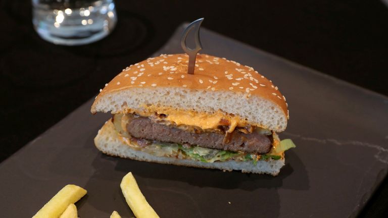 FILE PHOTO: A plant-based burger is seen during the launch of Nestle R&D Accelerator in Konolfingen, Switzerland September 28, 2020. REUTERS/Arnd Wiegmann/File Photo