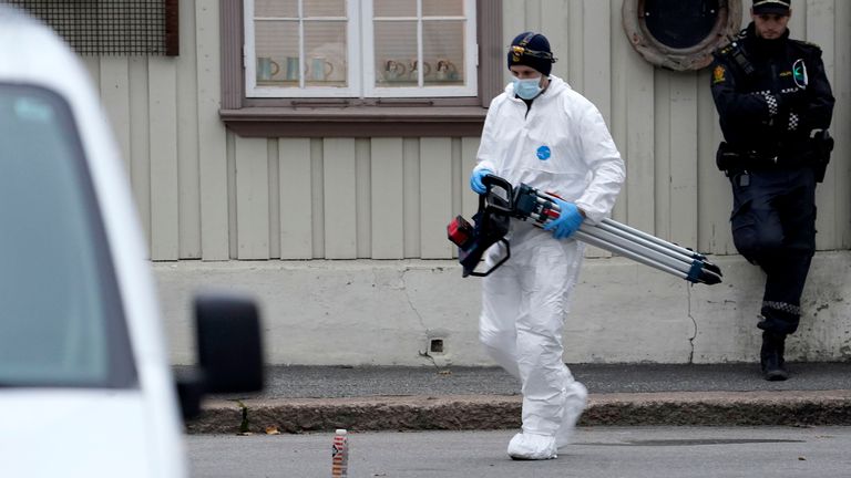 Police continue work in Kongsberg. Pic: AP