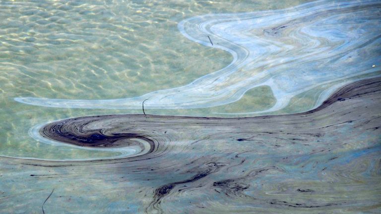 Oil slicks float on the water in the Talbert Channel after an oil spill off the coast of California has come ashore in Huntington beach, California, U.S. October 3, 2021. REUTERS/Gene Blevins 