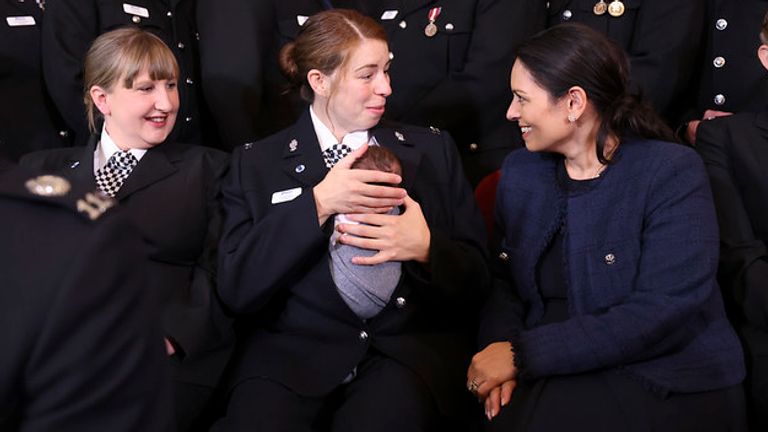 The Home Secretary, Priti Patel reacts as she speaks with Holly Necchi and her baby Autumn as she meets nominees for the Police Bravery Award at a reception held within Number 10 Downing Street. Picture by Tim Hammond / No 10 Downing Street