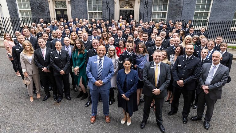 12/10/2021. London, United Kingdom. The Home Secretary, Priti Patel meets nominees for the Police Bravery Award at a reception held within Number 10 Downing Street. Picture by Tim Hammond / No 10 Downing Street

12/10/2021. London, United Kingdom. The Home Secretary, Priti Patel meets nominees for the Police Bravery Award at a reception held within Number 10 Downing Street. Picture by Tim Hammond / No 10 Downing Street

