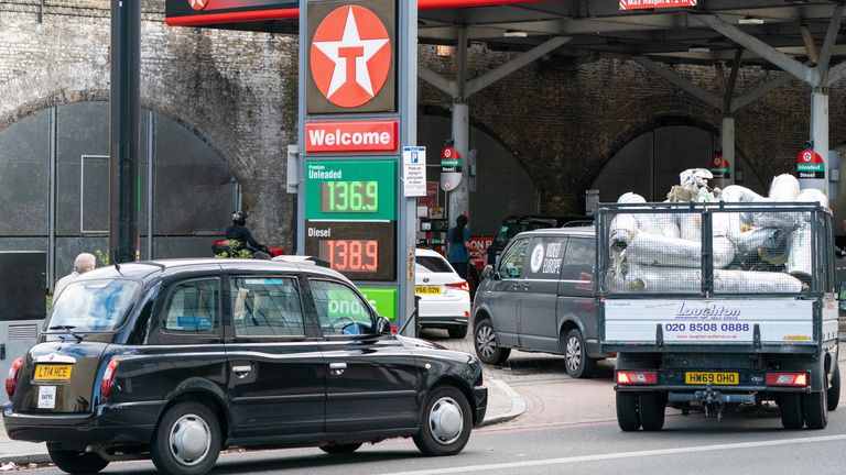 Drivers queue for fuel at a petrol station in central London. Picture date: Friday October 1, 2021.