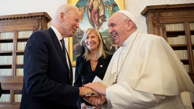 Pope Francis meets U.S. President Joe Biden at the Vatican, October 29, 2021. Vatican Media/Handout via REUTERS ATTENTION EDITORS - THIS IMAGE WAS PROVIDED BY A THIRD PARTY.
