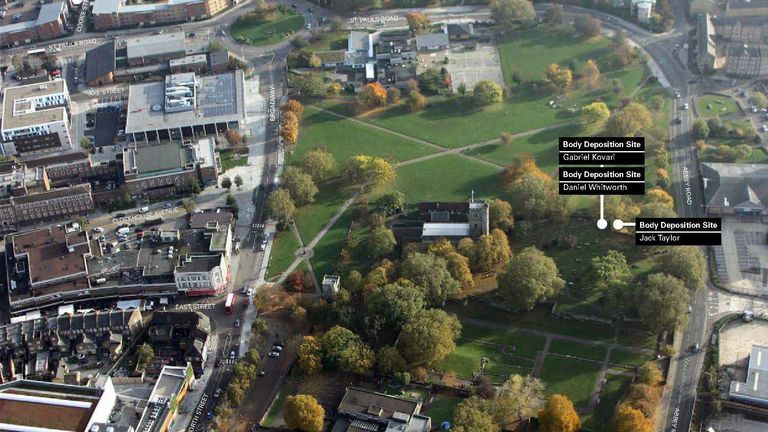 Undated handout aerial image issued by the Metropolitan Police showing the spots where bodies were dumped by Stephen Port during his 16-month killing spree. Issue date: Thursday October 7, 2021.
