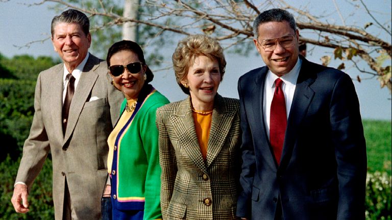 Former President Ronald Reagan (L), former first lady Nancy Reagan (2nd R), General Colin L. Powell (R), former Chairman of the Joint Chiefs of Staff and his wife Alma Powell arrive for award ceremonies at the Ronald Reagan Presidential Library in Simi Valley, California in this November 9, 1993 file photo. Nancy Reagan and -Nancy Reagan, the former actress who was fiercely protective of husband Ronald Reagan through a Hollywood career, eight years in the White House, a 