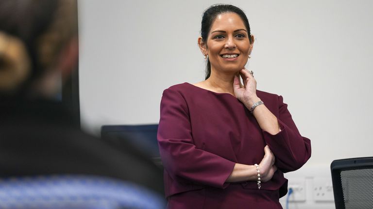 Home Secretary Priti Patel during a visit to Thames Valley Police Training Centre in Reading, following the news that over 11,000 police officers have now been hired as part of the Government pledge to recruit 20,000 extra officers by 2023. Picture date: Thursday October 28, 2021.
