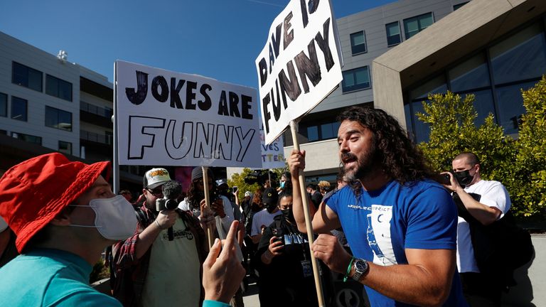 There were scuffles as counter-protesters held up signs that said &#39;Dave is funny&#39;