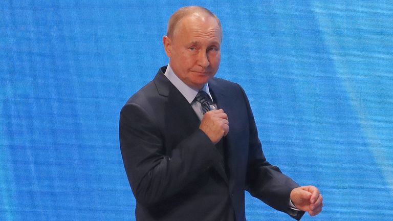 Russian President Vladimir Putin gestures during a plenary session of the Russian Energy Week International Forum in Moscow, Russia October 13, 2021. Sergei Ilnitsky/Pool via REUTERS
