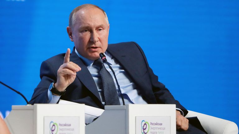 Russian President Vladimir Putin gestures during a plenary session of the Russian Energy Week International Forum in Moscow, Russia October 13, 2021. Sergei Ilnitsky/Pool via REUTERS
