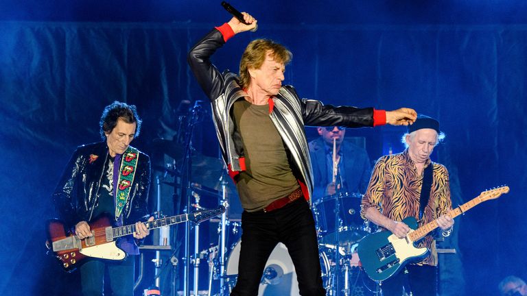 Ronnie Wood, from left, Mick Jagger, Steve Jordan and Keith Richards of the Rolling Stones perform during the "No Filter" tour at The Dome at America&#39;s Center on Sunday, Sept. 26, 2021 in St. Louis, Mo. (Photo by Amy Harris/Invision/AP)
PIC:AP