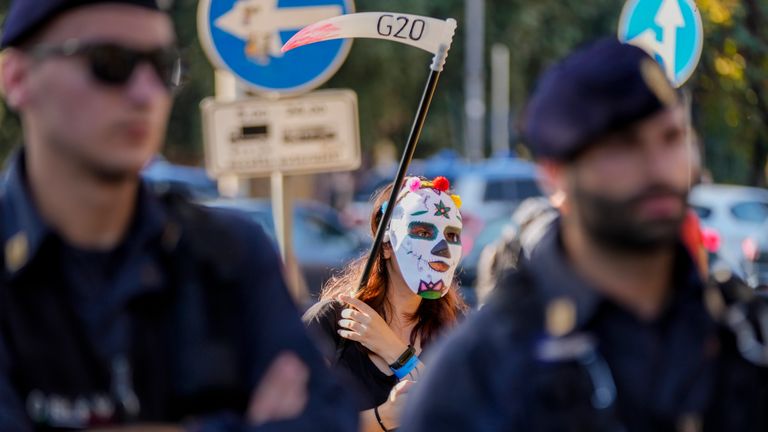 A protesters demonstrates in Rome.
