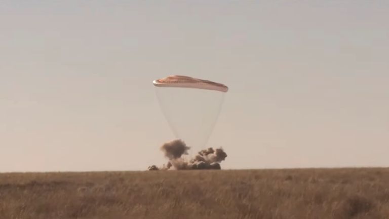 The capsule lands on the Kazakh steppes.  Pic: Roscosmos via Reuters