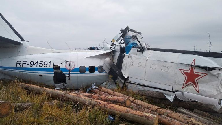 The wreckage of the L-410 plane is seen at the crash site near the town of Menzelinsk in the Republic of Tatarstan, Russia October 10, 2021.Pic: Russia&#39;s Emergencies Ministry via Reuters