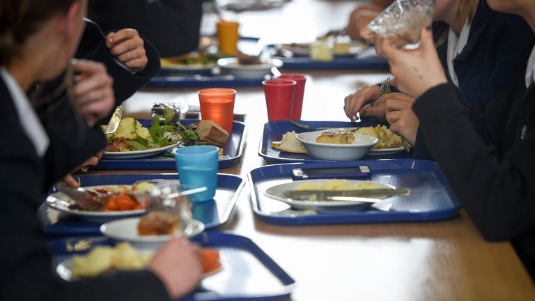 Students eat their school dinner from trays and plates during lunch in the canteen at Royal High School Bath, which is a day and boarding school for girls aged 3-18 and also part of The Girls&#39; Day School Trust, the leading network of independent girls&#39; schools in the UK.