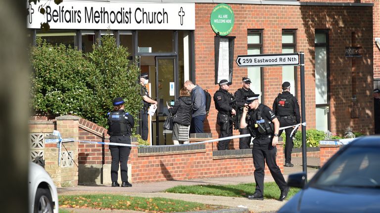 Armed police officers outside the Belfairs Methodist Church in Eastwood Road North, Leigh-on-Sea, Essex, where Conservative MP Sir David Amess has reportedly been stabbed several times at a constituency surgery. Essex Police have said a man has been arrested and officers are not looking for anyone else. Picture date: Friday October 15, 2021.
