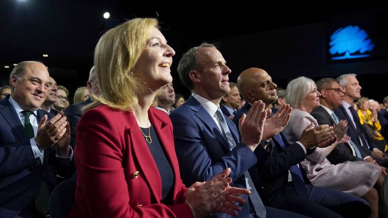 Ben Wallace, left, Britain&#39;s Minister of Defence, with Liz Truss the Foreign Secretary and Dominic Raab the Deputy Prime Minister and Said Javid the Health Secretary listen to Britain&#39;s Prime Minister Boris Johnson making his keynote speech at the Conservative party conference in Manchester, England, Wednesday, Oct. 6, 2021. (AP Photo/Jon Super)
PIC:AP