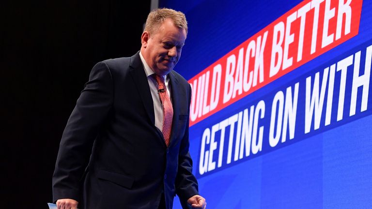 Britain&#39;s Minister of State Lord David Frost leaves the stage after delivering his speech on Brexit at the annual Conservative Party conference, in Manchester, Britain, October 4, 2021. REUTERS/Toby Melville
