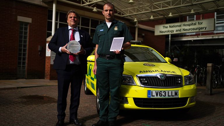 Dr Rob Simister and paramedic Patrick Hunter at the National Hospital For Neurology And Neurosurgery in London