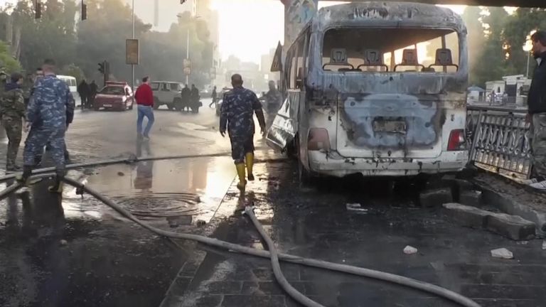 At least 14 people have been killed after an explosion destroyed a bus in the Syrian capital of Damascus.