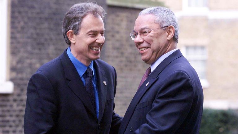 British Prime Minister Tony Blair (R) greets US Secretary of State Colin Powell outside 10 Downing Street in central London. The pair will be attending a ceremony to mark three months since the September 11 terrorist attacks in New York and Washington DC.
