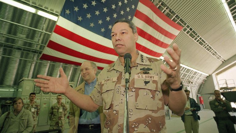 Gen. Colin Powell, Chairman of the Joint Chiefs of Staff, speaks to airmen inside a hanger at a secret airbase in Saudi Arabia on Sunday, Feb. 10, 1991. Powell and Secretary of Defense Dick Cheney, left, visited the airbase, where F-117A Stealth planes are based, during a three-day visit to Saudi Arabia. (AP Photo/J. Scott Applewhite)
PIC:AP

