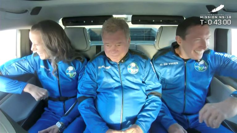 Pic: Blue Origin/Reuters
&#34;Star Trek&#34; actor William Shatner is driven to the launch pad of Blue Origin&#39;s New Shepard rocket before mission NS-18 for a suborbital flight near Van Horn, Texas, U.S. in a still image from video October 13, 2021. Blue Origin/Handout via REUTERS. NO RESALES. NO ARCHIVES. THIS IMAGE HAS BEEN SUPPLIED BY A THIRD PARTY.