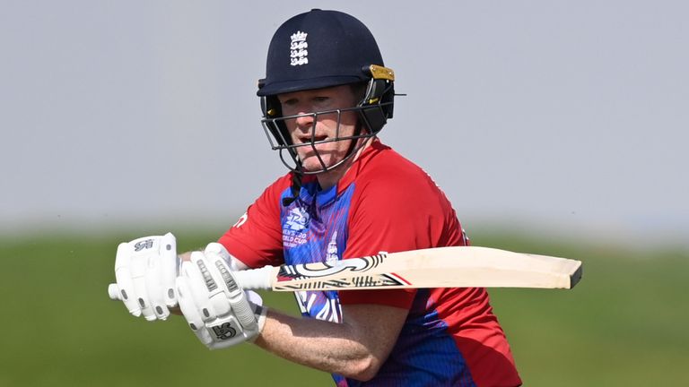 England captain Eoin Morgan bats during the England and New Zealand warm Up Match prior to the ICC Men&#39;s T20 World Cup at on October 20, 2021 in Abu Dhabi, United Arab Emirates. 