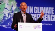 Former US president Barack Obama gives a speech during the Cop26 summit at the Scottish Event Campus (SEC) in Glasgow. Picture date: Monday November 8, 2021.
