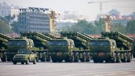 A Dongfeng-41 intercontinental strategic nuclear missiles group formation on show in 2019. Pic: AP