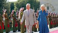 The Prince of Wales and Duchess of Cornwall arrive to meet King Abdullah II and Queen Rania Al-Abdullah at the Al Husseiniya Palace in Amman, Jordan, on the first day of their tour of the Middle East. Picture date: Tuesday November 16, 2021.
