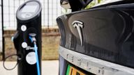 A Tesla car charging in central London. Uber customers... chances of being picked up by a Tesla car have increased after the ride-hailing app secured a partnership with the US manufacturer. Issue date: Wednesday November 3, 2021.