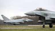 Eurofighter Typhoons taxi back to base after landing at RAF Coningsby in Lincolnshire, ahead of the publication of the Government&#39;s review of security, defence, development and foreign policy. Picture date: Tuesday March 16, 2021.
Read less