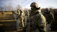 Members of the Ukrainian State Border Guard Service line up at the border with Belarus in Volyn region, Ukraine November 11, 2021. Press service of the Interior Ministry of Ukraine/Handout via REUTERS ATTENTION EDITORS - THIS IMAGE WAS PROVIDED BY A THIRD PARTY.
