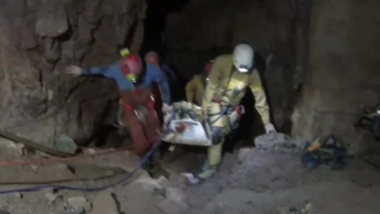 A practice rescue shot before a man became trapped in the Ogof Ffynnon Ddu caves gives an idea of what the rescue attempt will be like from start to finish.
