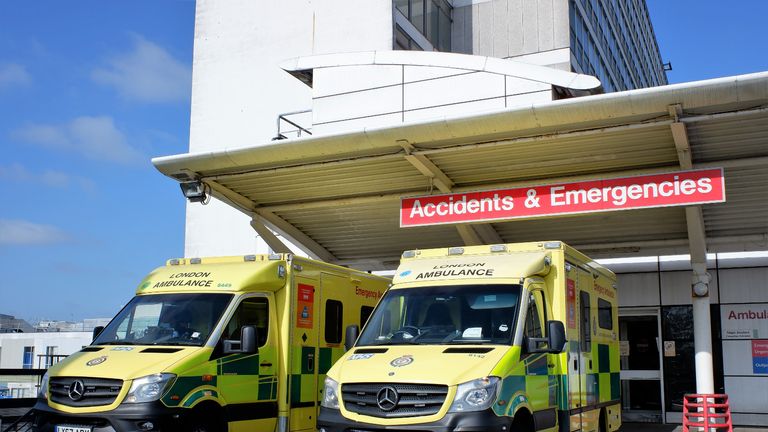 Uxbridge, London, England, UK - April 4th 2021: Ambulances outside Accidents and Emergencies entrance at Hillingdon Hospital, Uxbridge