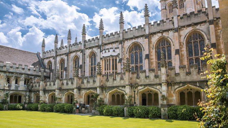 Oxford, UK - June2, 2021: Magdalen college (1458). Inner yard and campus buildings. Oxford University