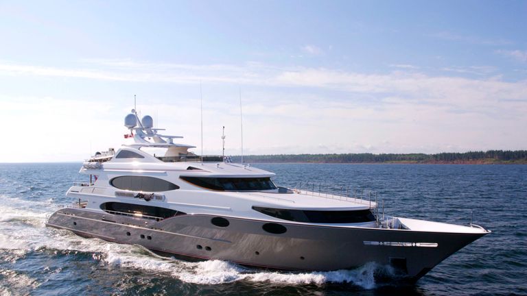 The 164-foot (50-meter) "Destination Fox Harb'r Too" is seen in this handout photo taken off the Nova Scotia coast in summer 2008. Recession has shaken nearly every corner of the U.S. economy but Trinity Yachts is still turning out custom-built luxury boats, thanks in part to a sagging U.S. dollar. Trinity, the largest U.S. mega-yacht builder, will deliver eight sumptuously outfitted boats this year from its shipyards in Gulfport, Mississippi and New Orleans.   To match feature LUXURY-YACHTS/TRINITY   REUTERS/Shaw McCutcheon/Handout   (CANADA SPORT YACHTING BUSINESS)