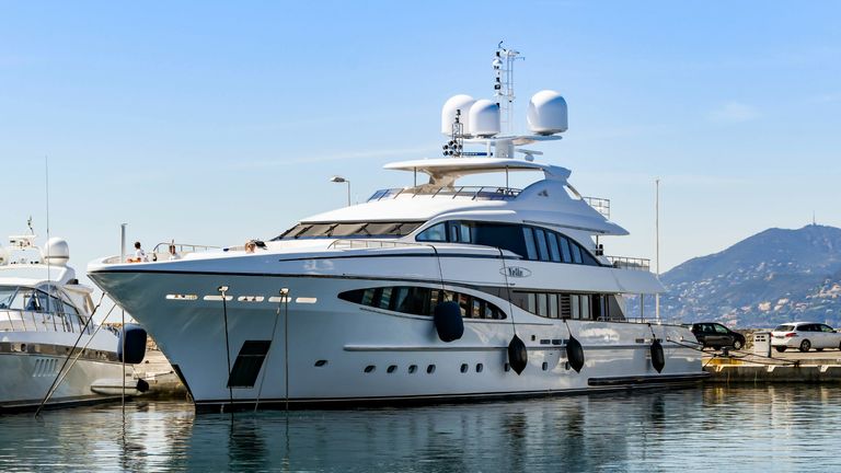 Cannes, France - April 2019: The superyacht Yalla berthed in the Port Pierre Canto harbour in Cannes. It is owned by Naguib Sawiris.It was designed by Omega Architects