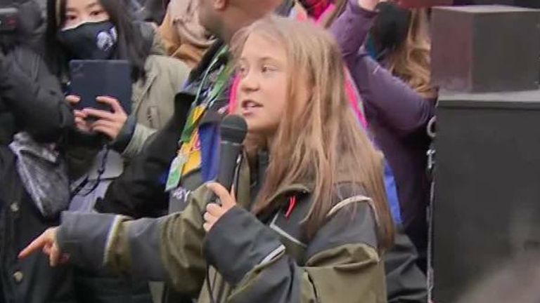Greta Thunberg gives a speech to climate protesters as COP26 commences with chants of &#39;blah blah blah&#39; and &#39;we want climate justice&#39;.  She also criticises politicians attending COP, saying &#39;that is not leadership&#39;