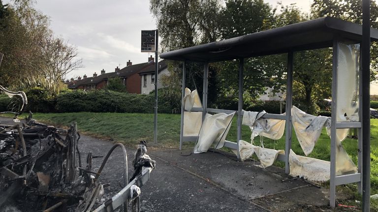 The scene on Abbott Drive in Newtownards near Belfast, after a bus was hijacked and set alight in an attack politicians have linked to loyalist opposition to Brexit's Northern Ireland Protocol. Picture date: Monday November 1, 2021.
