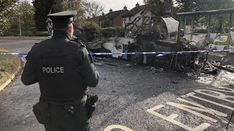  Northern IrelandThe scene on Abbott Drive in Newtownards near Belfast, after a bus was hijacked and set alight in an attack politicians have linked to loyalist opposition to Brexit&#39;s Northern Ireland Protocol. Picture date: Monday November 1, 2021.

