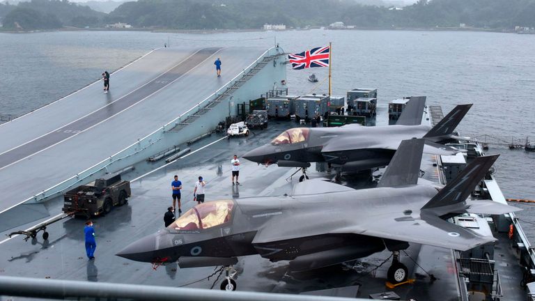 The carrier has eight British F-35B aircraft and 10 American ones operated by the US Marine Corps Pic: AP