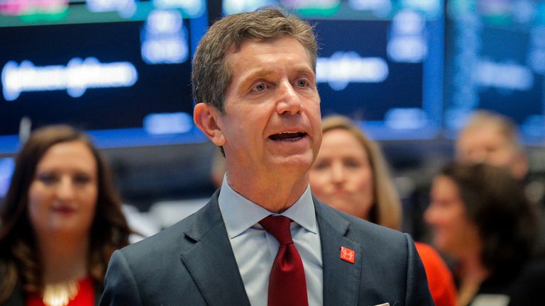 Alex Gorsky, Chairman and CEO of Johnson & Johnson, celebrates the 75th anniversary of his company&#39;s listing on the floor at the New York Stock Exchange (NYSE) in New York, U.S., September 17, 2019.