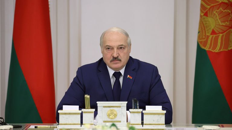 Belarusian President Alexander Lukashenko chairs a meeting with the leadership of the Council of Ministers in Minsk, Belarus November 11, 2021. Nikolai Petrov/BelTA/Handout via REUTERS ATTENTION EDITORS - THIS IMAGE HAS BEEN SUPPLIED BY A THIRD PARTY. NO RESALES. NO ARCHIVE. MANDATORY CREDIT.
