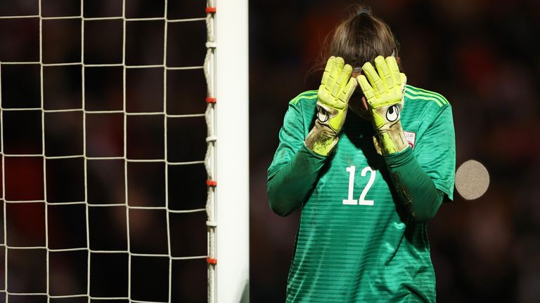 Latvia's goalkeeper Alina Sklemenova looked dejected during the game