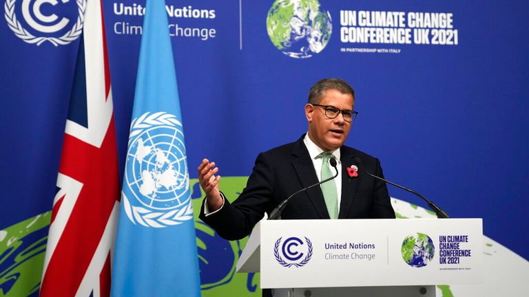 An emotional COP26 President Alok Sharma addresses delegates in Glasgow on Saturday. Pic: AP