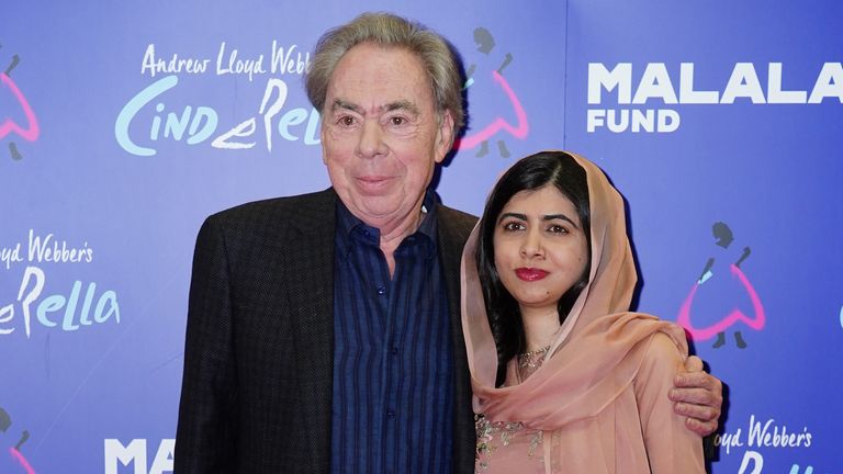 Andrew Lloyd Webber and Malala Yousafzai arriving for a special gala performance of his production of Cinderella, to support the Malala Fund, at the Gillian Lynne Theatre in London. Picture date: Monday November 22, 2021.
